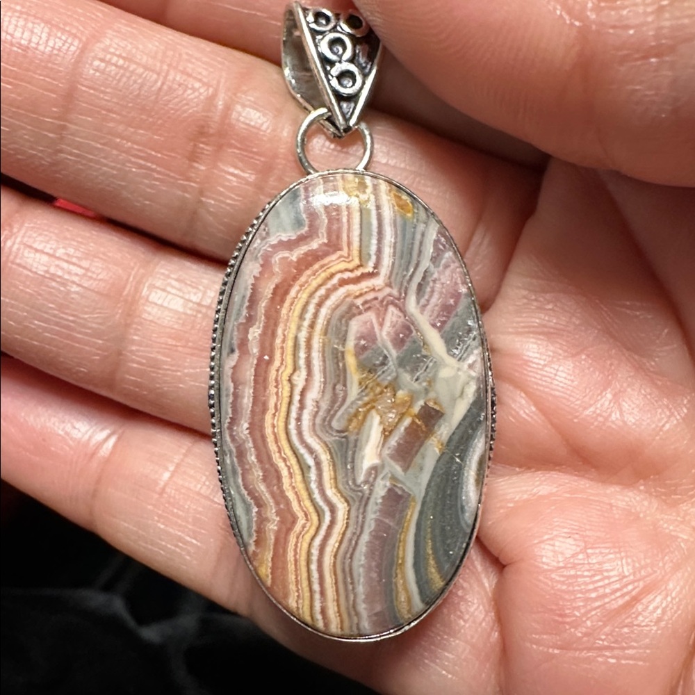 Artisan Multicolor Banded RHODOCHROSITE Oval Pendant Necklace - Women's Jewelry